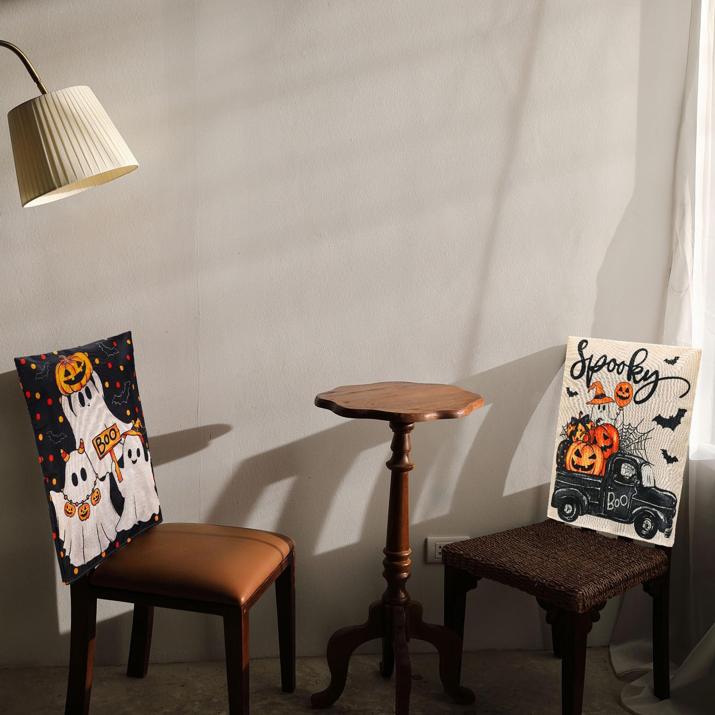 JarThenaAMCS 4Pcs Halloween Chair Back Cover Spooky Boo Ghost Bat Pumpkin Face Seat Covers Dining Chair Slipcover Protector for Trick or Treat Home Kitchen Decor