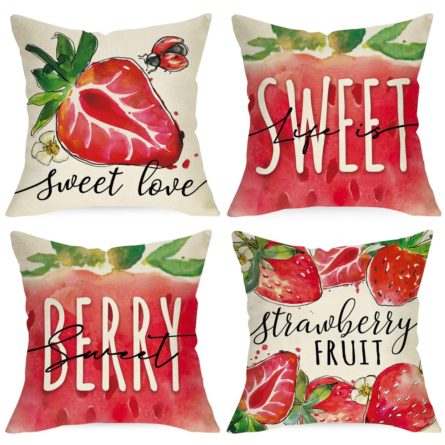 Ussap Spring Summer Strawberry Decorative Throw Pillow Covers 20 x 20 Set of 4, Life is Sweet Red Fruit Cushion Case Decor, Sweet Berry Seasonal Home Decoration for Sofa Couch