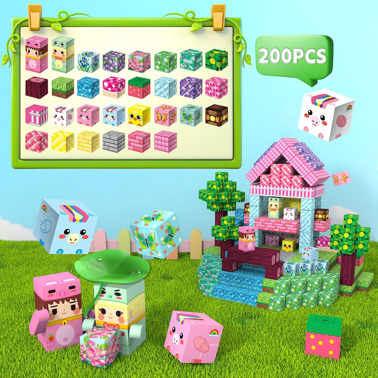 Gryxpox 200 PCS 0.8in Magnetic Blocks,Magnetic Building Cubes, Build Flower World Set,Stacking Magnets, STEM Sensory Toys for Ages 3+ Toddlers Kids Girl Boys Easter Birthday Gifts