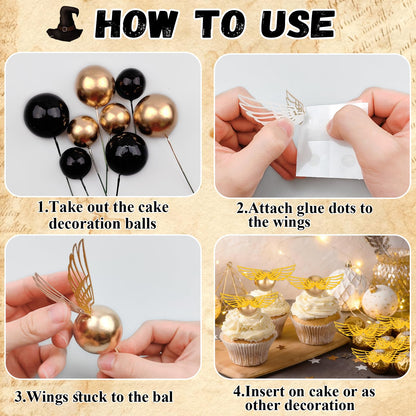 Rismise Wizard Cake Topper 26PCS Magical Wizard Themed Cake Decoration Black and Gold Ball Cupcake Cake Picks with Glasses Tie Wings Stars for Halloween Birthday Magical School Party Supplies