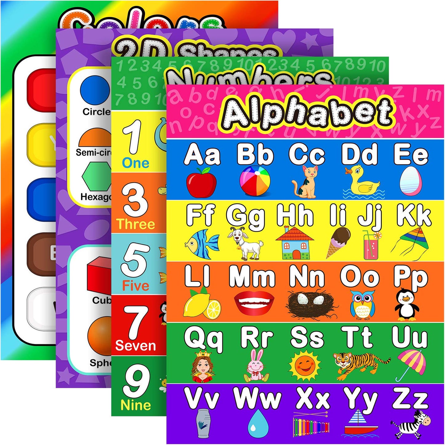 Outus Extra Large Preschool Educational Learning Posters 17 x 22 Inch Nursery Home School Pre-K Kindergarten Classroom Decoration(4 Pcs,Alphabet, Number 1-10, Shapes, Colors)