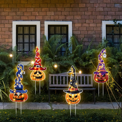 Leinuosen 4 Set Halloween Yard Signs, Pumpkin Garden Stakes with Witch Hats Jack O' Lantern Pumpkin Outdoor Decor Plastic Halloween Art Stake for Garden Lawn Patio Porch Party Decorations