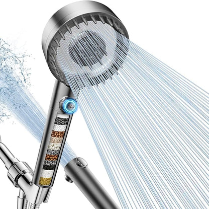 PWERAN Filtered Shower Head with Handheld, High Pressure 4 Spray Mode Showerhead with Filters, Water Softener Filter Beads for Hard Water with ON/OFF Switch for Pets - Remove Chlorine (Gray)