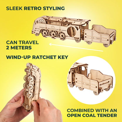 UGEARS Mini Locomotive 3D Wooden Puzzles for Adults - Wood Models for Adults to Build - Easy DIY Crafts for Adult Wooden Train Model Kit - Rubber Band-Powered Mechanical Puzzles