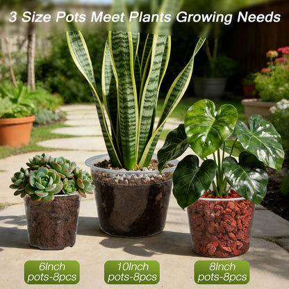 TAQIXI 6/8/10 Inch Large Clear Nursery Pots with Drainage, 24 Pack Plastic Plant Pots for Seedlings Flowers Succulents Vegetable, Indoor Outdoor Gardening (6/8/10 Inch-24Pack)