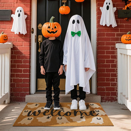TYUU Halloween Door Mat Spooky Ghost Welcome Mat for Front Door Outdoor Entrance Doormat Coir Dirt Trapper with Non Slip Backing, 17x30, Welcome Ghost