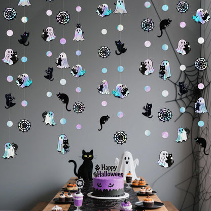 Iridescent Black Halloween Decorations Holographic Ghost Black Cat Spider Web Polka Dot Paper Hanging Garland Streamer Banner for Halloween Birthday Baby Shower Bachelorette Wedding Party Supplies
