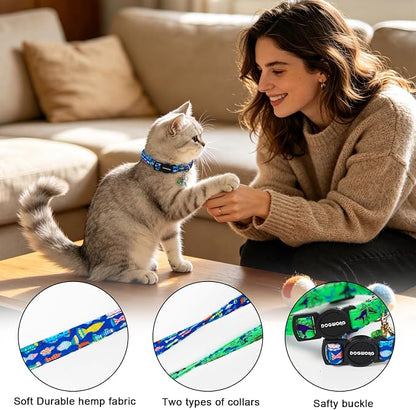2 Pack Cotton Kitten Collars with Bells and Removable Charms, Cute Dinosaurs Collar for Indoor Boy, Girl and Adult Cats，Adjustable Kitten Collar 7-12 Inch