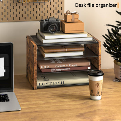 DAOUTIME 3-Tier Paper Letter Tray, Wooden Desk File Organizer, Stackable Metal Mesh Desk Organizer for Office Supplies. Small Paper Trays for Home Office School, Rustic Brown