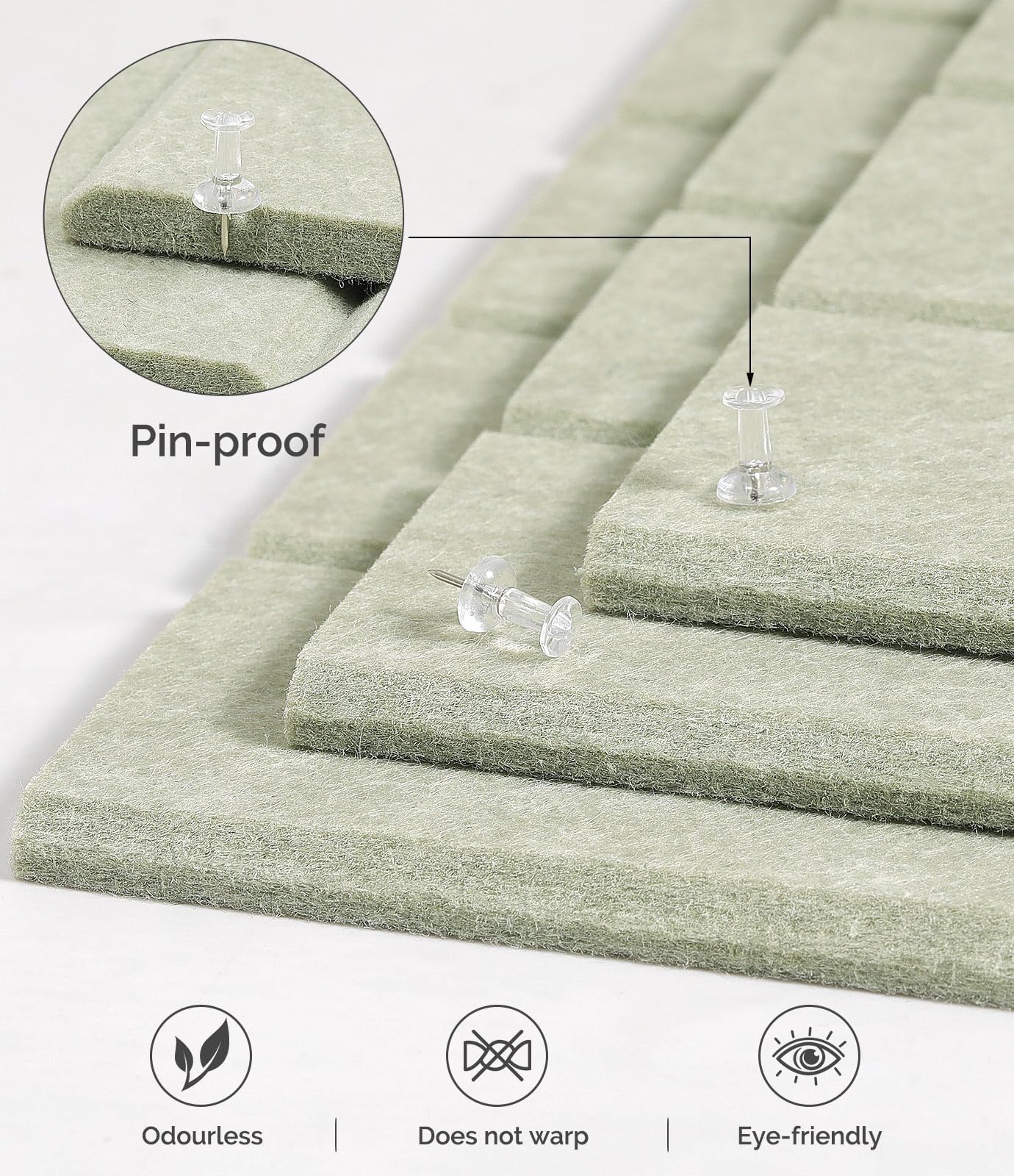 Bounmer Large Cork Board Alternative 48“ x 36”, 12-Pack Felt Bulletin Board Tiles with 60 Safe Removable Adhesive Tabs & 30 Pushpins, Cork Boards for Office Walls Decor (Sage)