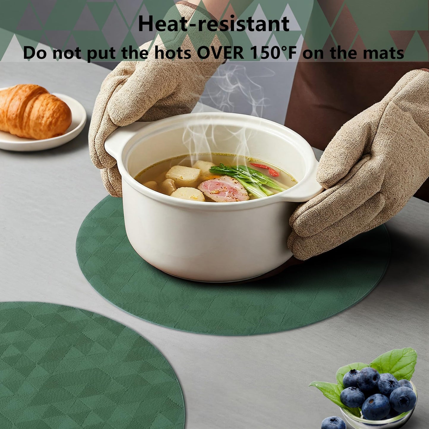 Jovono Upgraded 15" Round Placemats Set of 8, Waterproof & Oil-Proof, Non-Slip Reversible Washable Big Table Mats, Spill-Proof for Kids Families, Restaurant, Hotel, Kitchen, Indoor, Green
