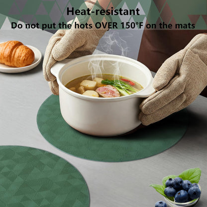 Jovono Upgraded 15" Round Placemats Set of 8, Waterproof & Oil-Proof, Non-Slip Reversible Washable Big Table Mats, Spill-Proof for Kids Families, Restaurant, Hotel, Kitchen, Indoor, Green