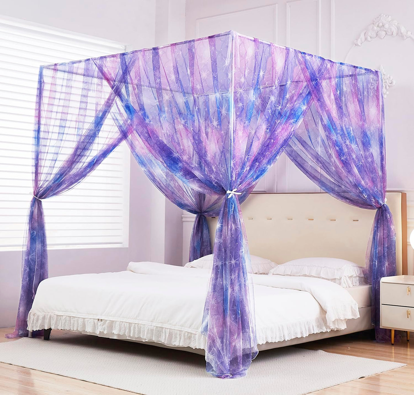Mengersi Tie Dye Canopy Bed Curtains with Lights,Gradient Ombre Bed Canopy for Girls,Canopy for Bed Princess Bed Drapes for Girls Room Decor(Twin,Purple)
