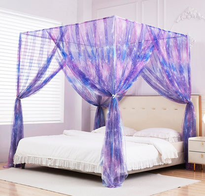 Mengersi Tie Dye Canopy Bed Curtains with Lights,Gradient Ombre Bed Canopy for Girls,Canopy for Bed Princess Bed Drapes for Girls Room Decor(Twin,Purple)