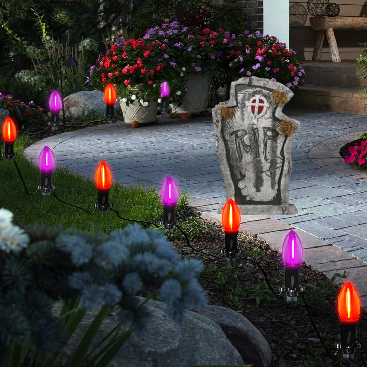 SUNSGNE Halloween Pathway Lights, 19.5Ft Halloween Stake Lights with 10 Count C9 LED Orange and Purple Bulbs for Lawn Yard Sidewalk Garden Decoration