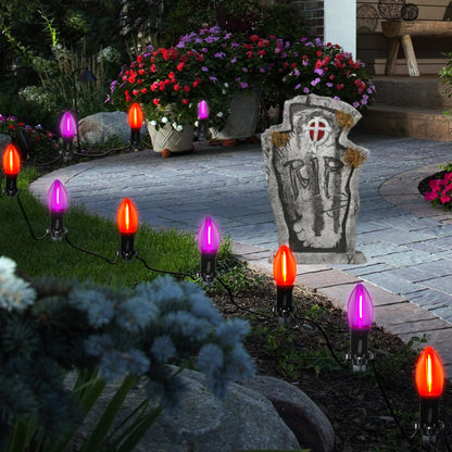SUNSGNE Halloween Pathway Lights, 19.5Ft Halloween Stake Lights with 10 Count C9 LED Orange and Purple Bulbs for Lawn Yard Sidewalk Garden Decoration