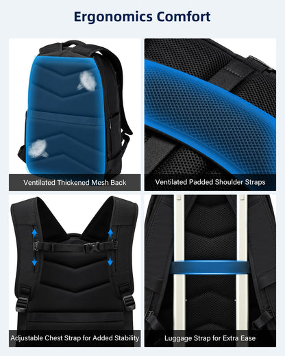 HanTrip Travel Laptop Backpack Carry On, 18 Inch Large Work Backpack School Book Bags, Light Water Resistant Backpacks for Women Men with Luggage Strap Water Bottle Pocket Chest Strap, Black