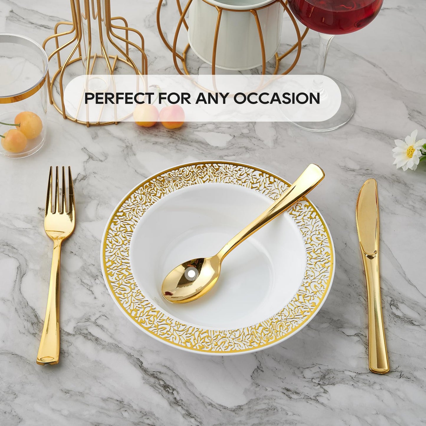 JOLLY PARTY 60 Disposable Gold Plastic Dessert Bowls, 12 oz Soup Bowls, Lace Christmas Thanksgiving Trim, Premium Heavy Duty Plastic Bowl for Wedding/Party (Gold)