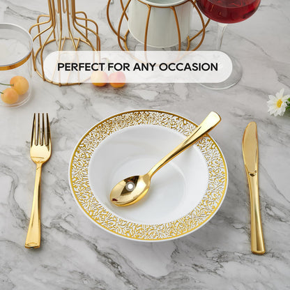 JOLLY PARTY 60 Disposable Gold Plastic Dessert Bowls, 12 oz Soup Bowls, Lace Christmas Thanksgiving Trim, Premium Heavy Duty Plastic Bowl for Wedding/Party (Gold)