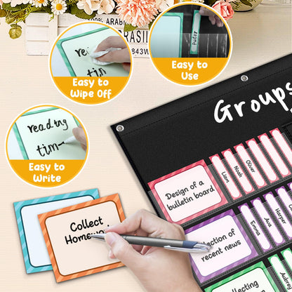 AKAYOK Small Group Pocket Chart with 84 Colorful Dry Erase Cards, Classroom Jobs Chart with 6 Pocket Wall Hanging File Folder, Pocket Chart for Classroom,Office,Home, Small Group Classroom Must Haves