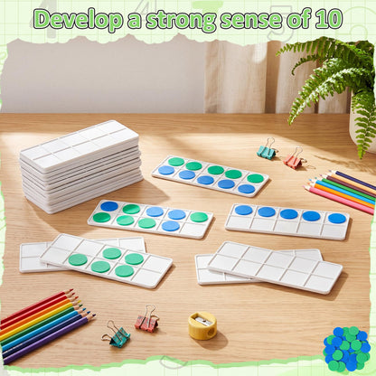 Soulchen 12 Sets Plastic Ten Frames for Classroom Math Manipulatives for Kids Classroom Math Counters Supplies Including 12 Plastic Ten Frames, 120 Counters for Teach Number Concepts (Green,Blue)