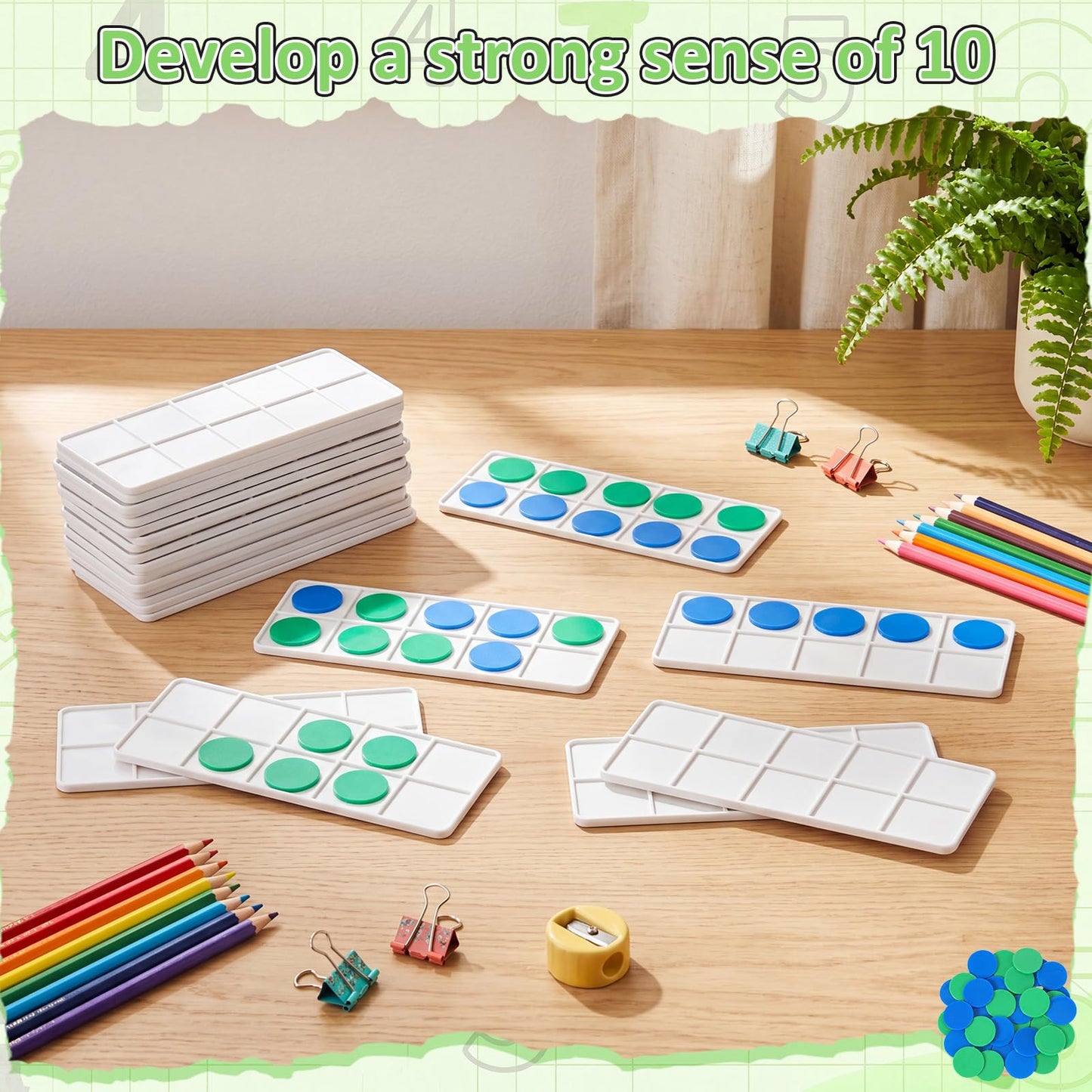 Soulchen 48 Sets Plastic Ten Frames for Classroom Math Manipulatives for Kids Classroom Math Counters Supplies Including 48 Plastic Ten Frames, 480 Counters for Teach Number Concepts (Blue, Green)