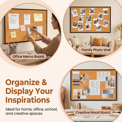 Felt Bulletin Board 23.6 x 15.7 Inch – Black Frame, Corkboard Alternative for Vision Board, Wall-Mounted Notice Board with 20 Push Pins, Home, Office & Classroom Organization – Longan Yellow