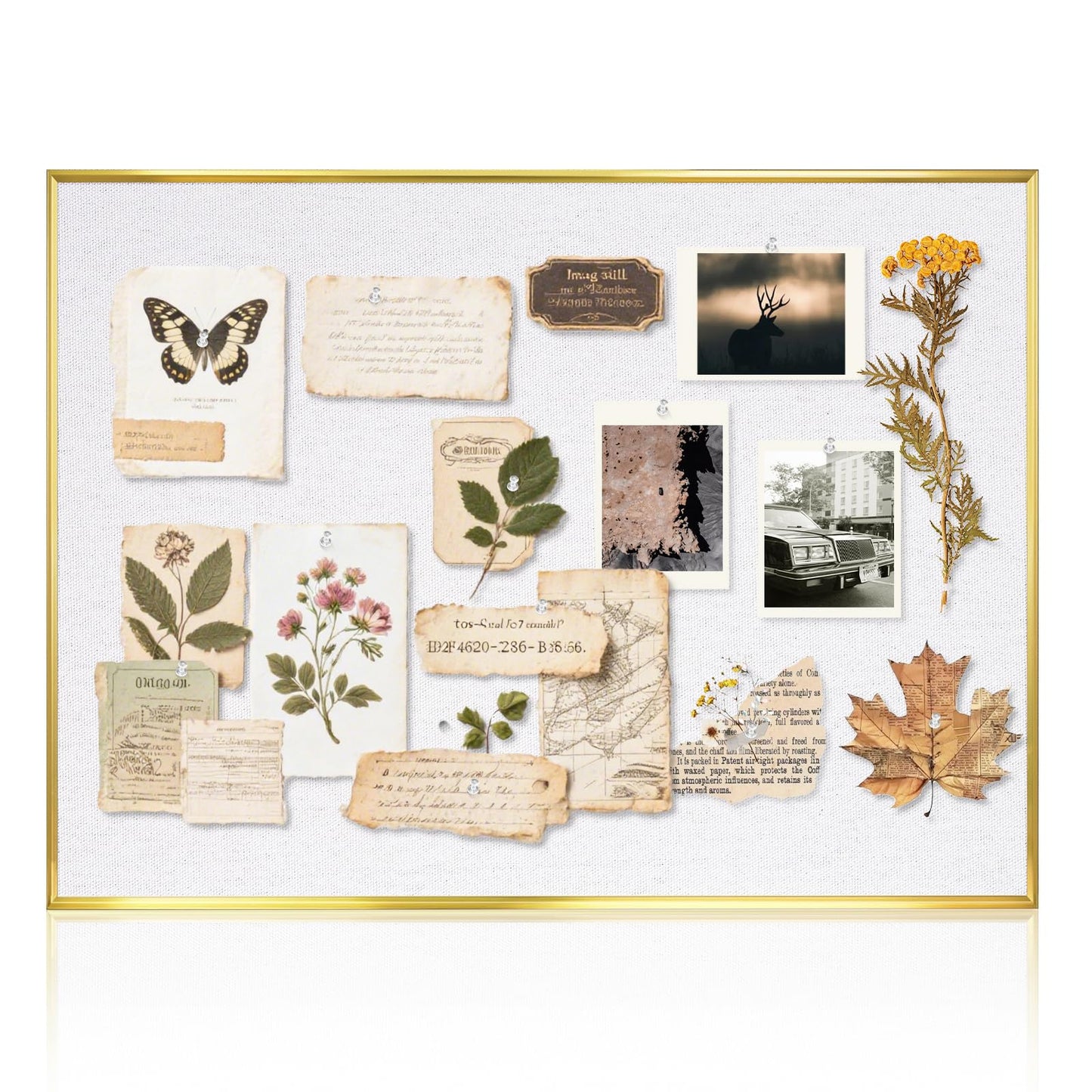 QUEENLINK Linen Bulletin Board 36" x 24", White Fabric Pin Board with Gold Aluminum Frame, Decorative Vision Board for Home Office, Bedroom & Dorm Wall Decor, Includes 10 Push Pins