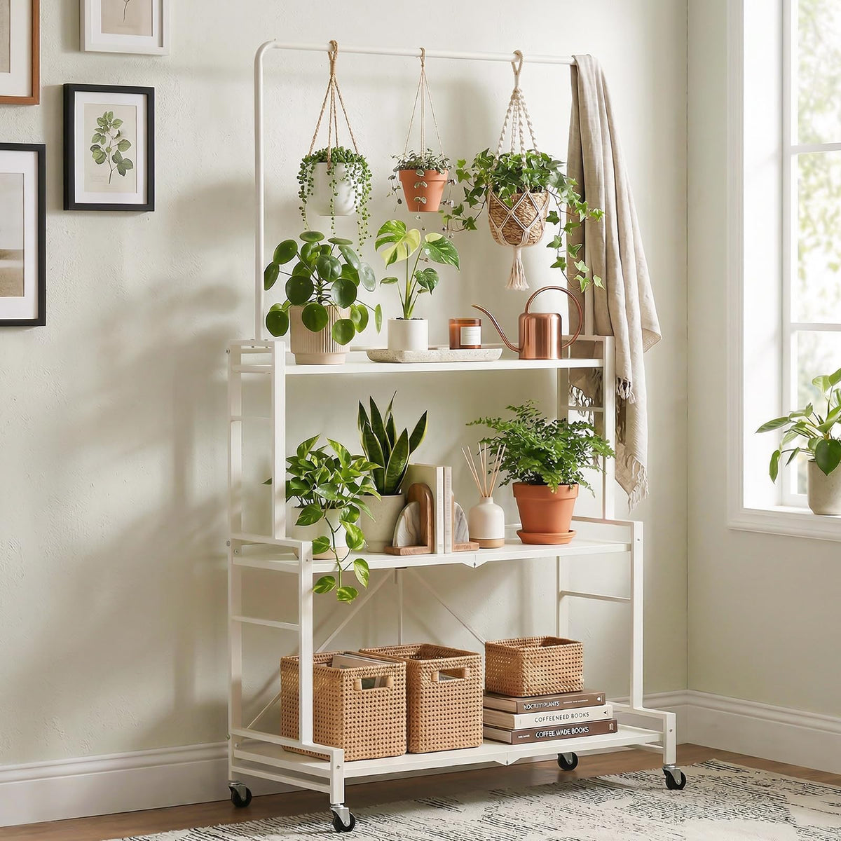 Plant Stand, 4-Tier Foldable Plant Shelf with 3 Shelves and Hanging Rod, Rolling Plant Stand with Wheels, No Assembly Flower Pot Stand for Indoor Outdoor, Sturdy Anti-Tip Plant Rack (Cream White)