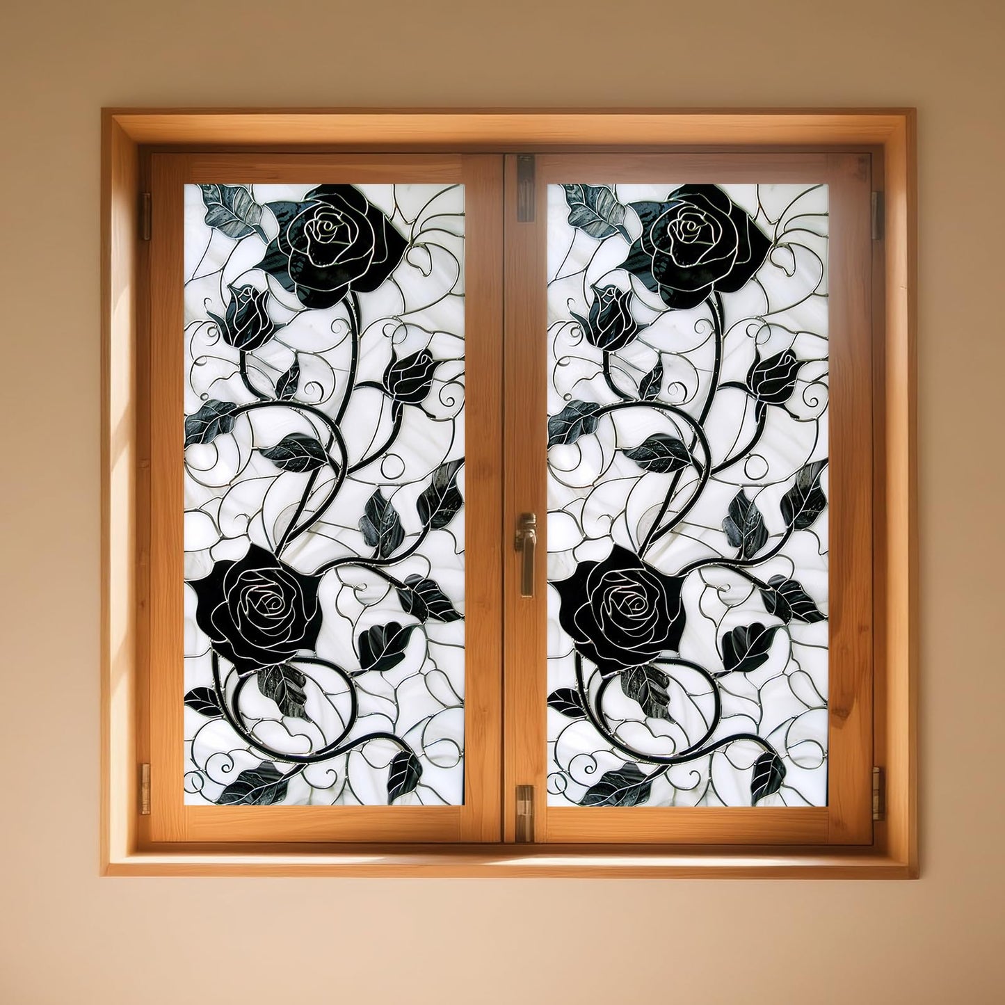 IVN Privacy Window Film Black Rose Vine Decorative Window Cling Stained Glass Style Static Cling Glass Sticker for Bathroom Entryway Kitchen Door Panel 17.7 x 39.3 Inch