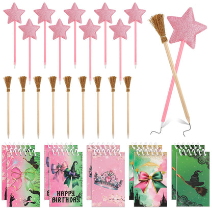 libfrnt 40 Pcs Princess and Witch Party Favors Include 10 Witch Broom Pencils 10 Pink Star Ballpoints 20 Mini Notebooks for Wizard Birthday Witch Halloween Party Supplies