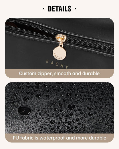 EACHY Travel Makeup Bag,Large Capacity Cosmetic Bags for Women,Waterproof Portable Pouch Open Flat Toiletry Bag Make up Bag with Divider and Handle, Gifts for Women (Black, Medium)