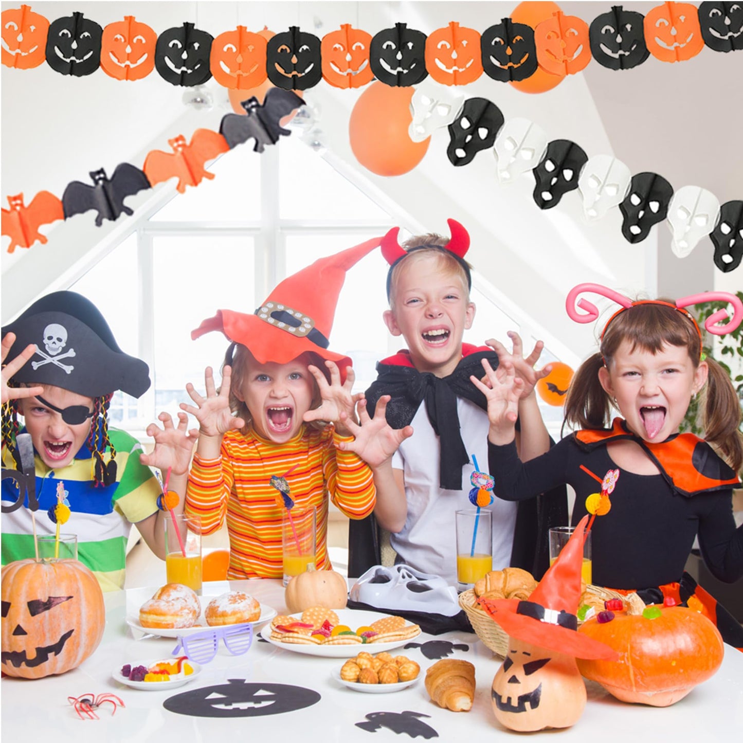 18 Pcs Halloween Party Decorations, Reusable Halloween Decor Indoor, Decorations Kit Included Happy Halloween Banner, Trick or Treat Banner, Ghost Pumpkin Ceiling Hanging Swirls Streamers