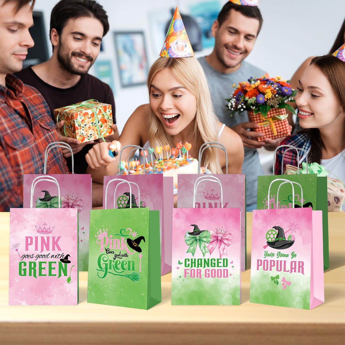 ACUDUDOMA Witch Party Gift Bags 12 Pack, Pink and Green Double-Sided Paper Treat Bags with Handle for Birthday Party Decorations, Princess Theme Halloween Favors & Friendship Exchange Gifts