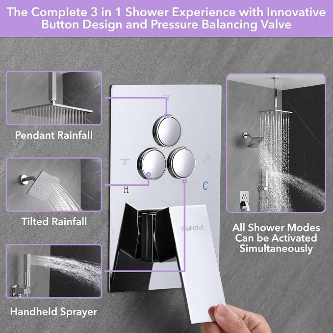 VANFOXLE Shower Faucet Set Chrome Shower System, Push Button Diverter Shower Faucet with Trim Kit, Ceiling Mount 10 Inch Shower Head Increased Thick, 6 Inch Side Shower Head, 2-in-1 Handheld