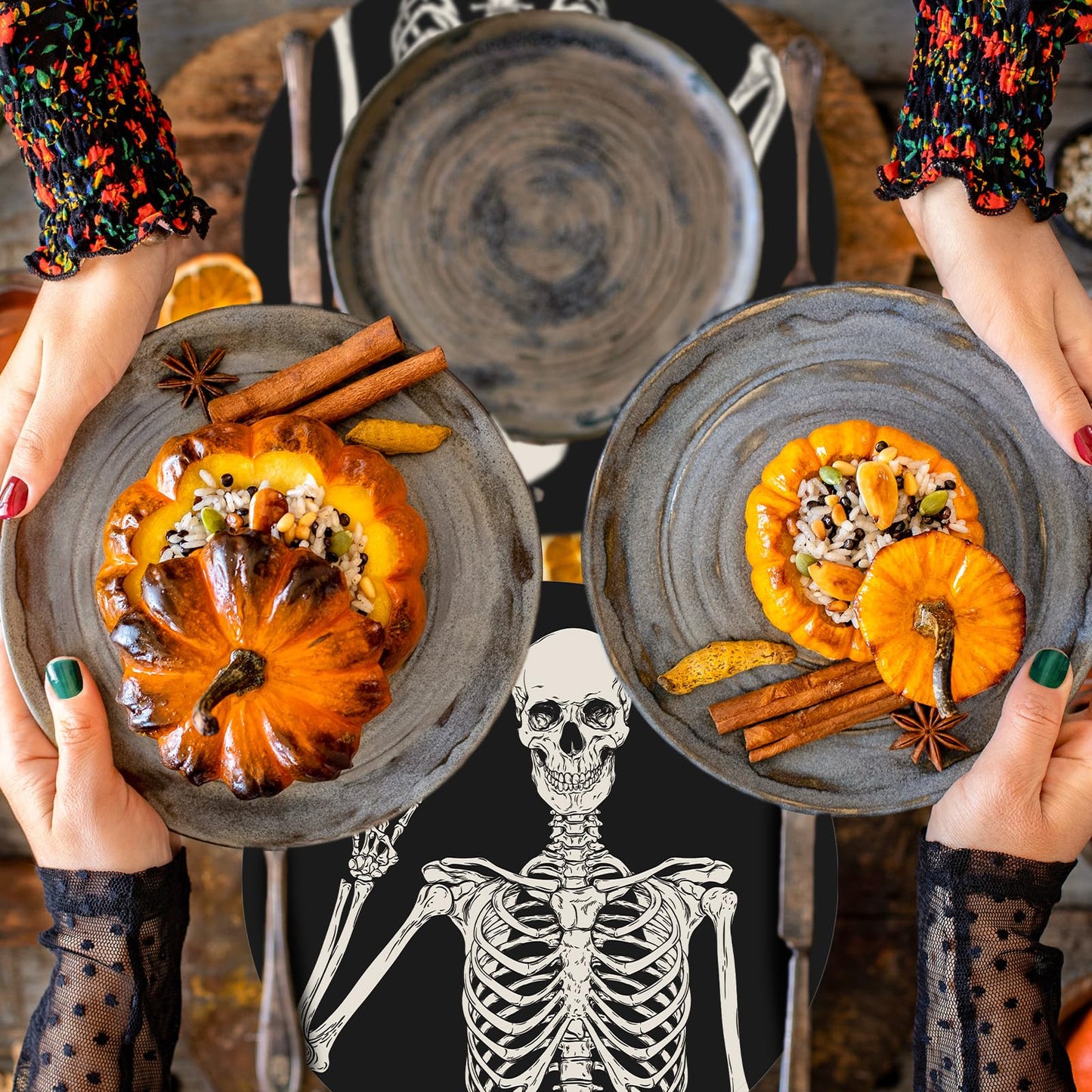 JarThenaAMCS 50Pcs Halloween Paper Placemats Smiling Skeleton Dinner Mats Black Disposable Round Table Mats for Trick or Treat Party Table Setting