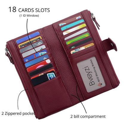 Bveyzi Women Soft Leather RFID Blocking Bifold Slim Wallets Ladies Credit Card Holder Double Zipper Pocket (Wine Red)