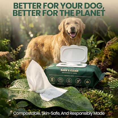 Bark & Clean Dog Wipes for Paws and Butt, 50 Count Large 8.5" x 9" Hypoallergenic Bamboo Pet Wipes Compostable Puppy Wipes with Lavender for Dogs Body Face - Deodorizing Grooming Wipes