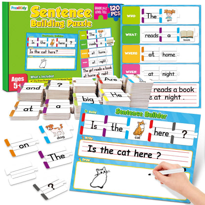 PraxiKidy Sentence Building for Kids,Sight Word Puzzles for Kindergarten 1st 2nd Grade,Speech Therapy Materials ESL Special Education Classroom Must Haves Reading Games Learning Activities Homeschool