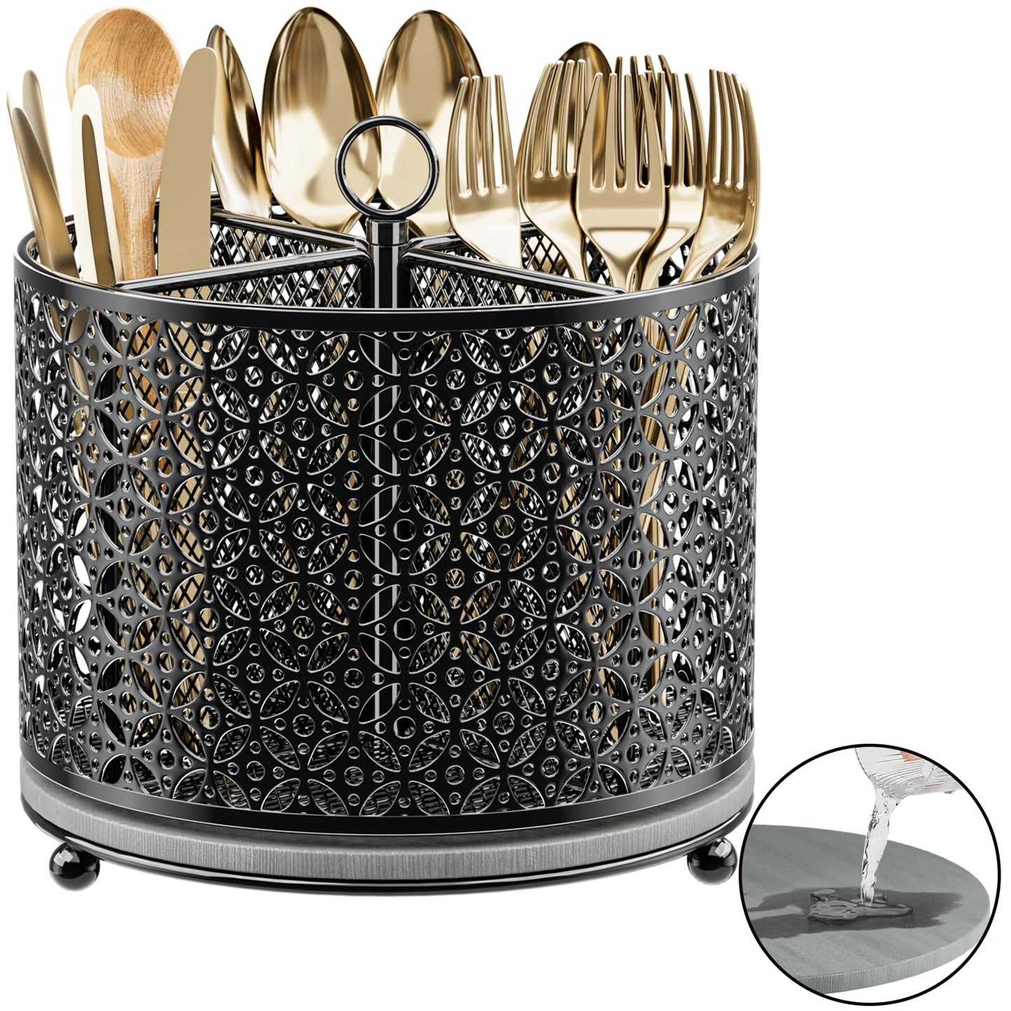 OVICAR 360° Rotating Utensil Holder Caddy - Fast-Drying Silverware Flatware Organizer - 4 Compartment Large Cutlery Holder with Handle For Kitchen Countertop Party Office Picnic Table Black