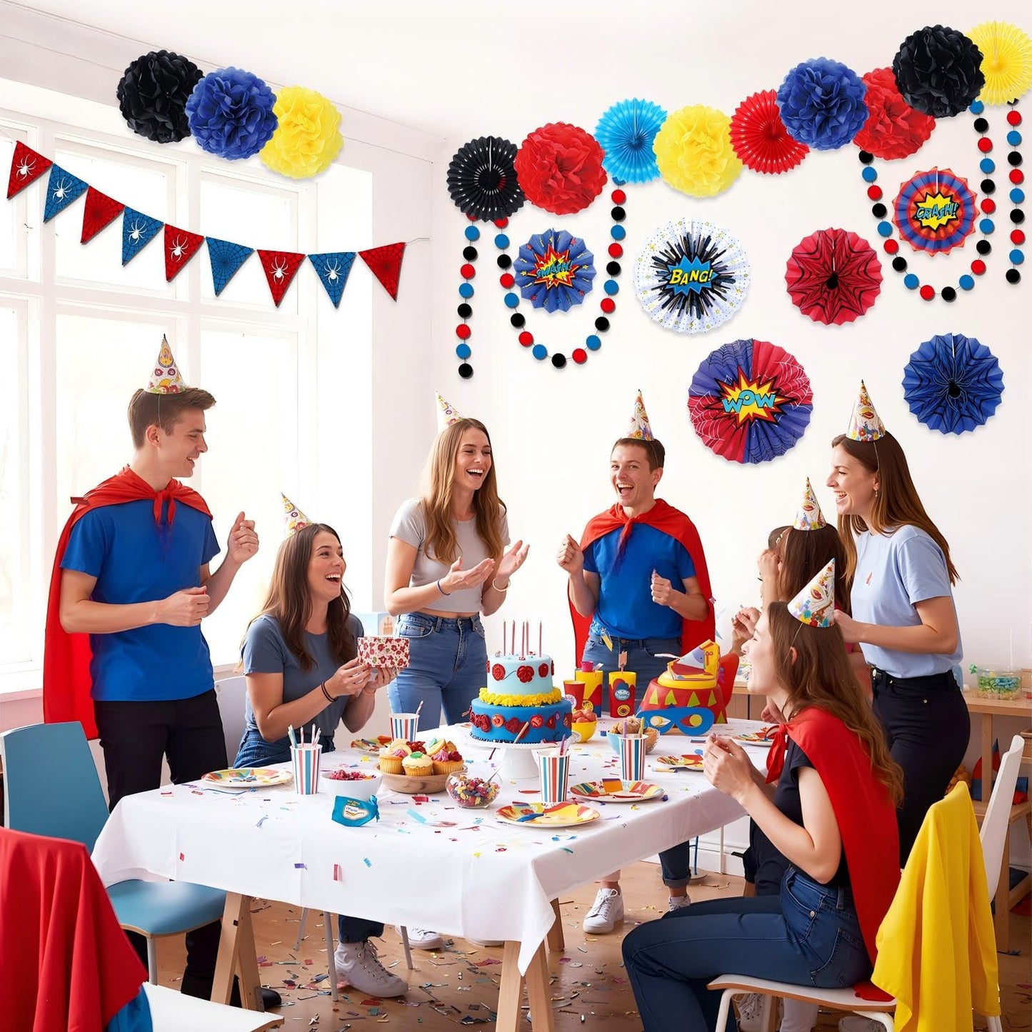 Blosssound 26 Pieces Spider Birthday Party Decorations - Paper Fans, Pompom Paper Flowers, Pre-Strung Pennant Banner, Dots Garland, Cards Set for Spider Web Super Themed Party Decor Supplies