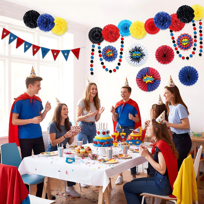 Blosssound 26 Pieces Spider Birthday Party Decorations - Paper Fans, Pompom Paper Flowers, Pre-Strung Pennant Banner, Dots Garland, Cards Set for Spider Web Super Themed Party Decor Supplies