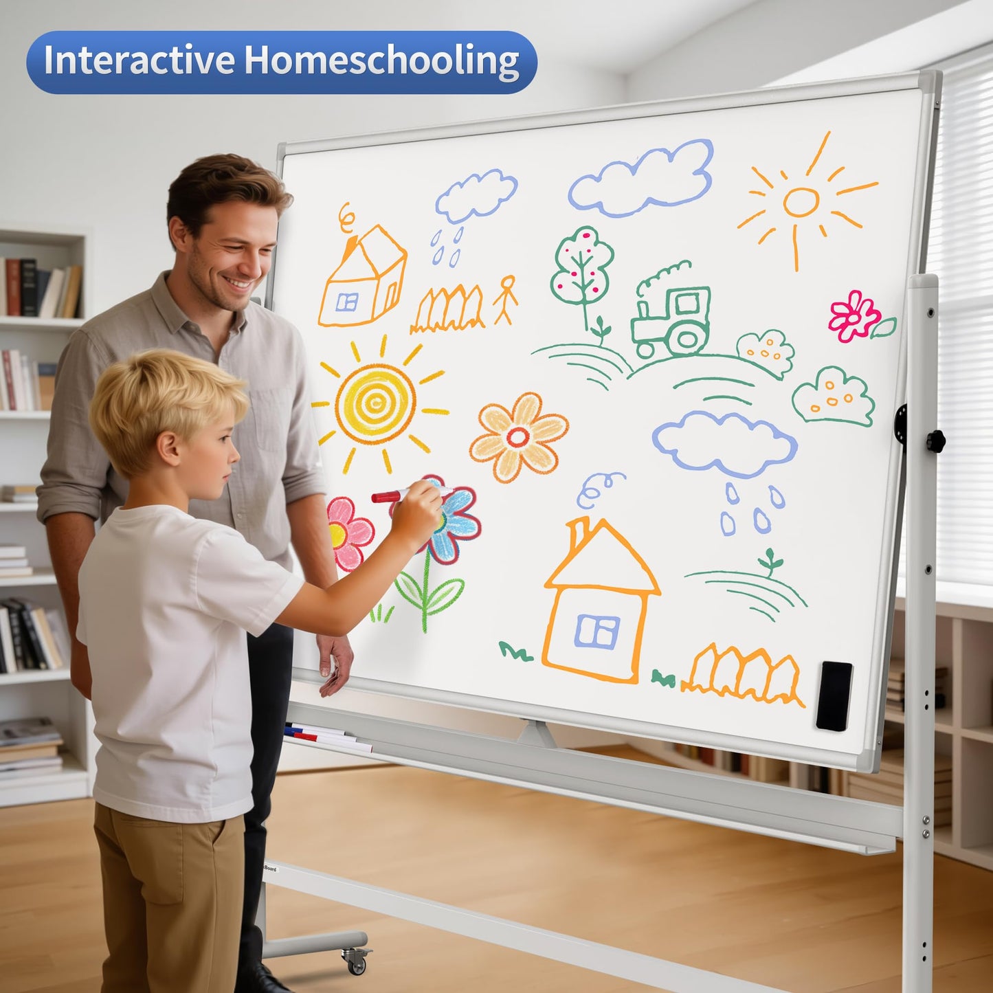 DexBoard Large Double Sided Whiteboard 72x40 inches on Wheels, Height Adjustable Mobile Magnetic Dry Erase Board with Rolling Stand for Office Meetings, Classroom Teaching, Home, Silver Frame