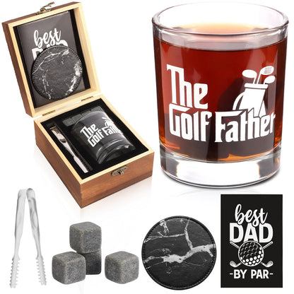 Bayelove Whiskey Glass Gifts for Golf Dad, Best Gift for Men, Gift with 12oz Whiskey Glasses, Stones, Coaster, Wooden Box for Golf-Dad