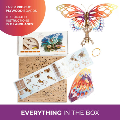 Ugears Wooden 3D Puzzles for Adults - Butterfly Puzzle Mechanical Model Kit - 3D Wood Puzzles Adult Automaton - Kinetic Sculpture Models for Adults to Build Butterfly Kit DIY Miniature Kit - 161 Pcs
