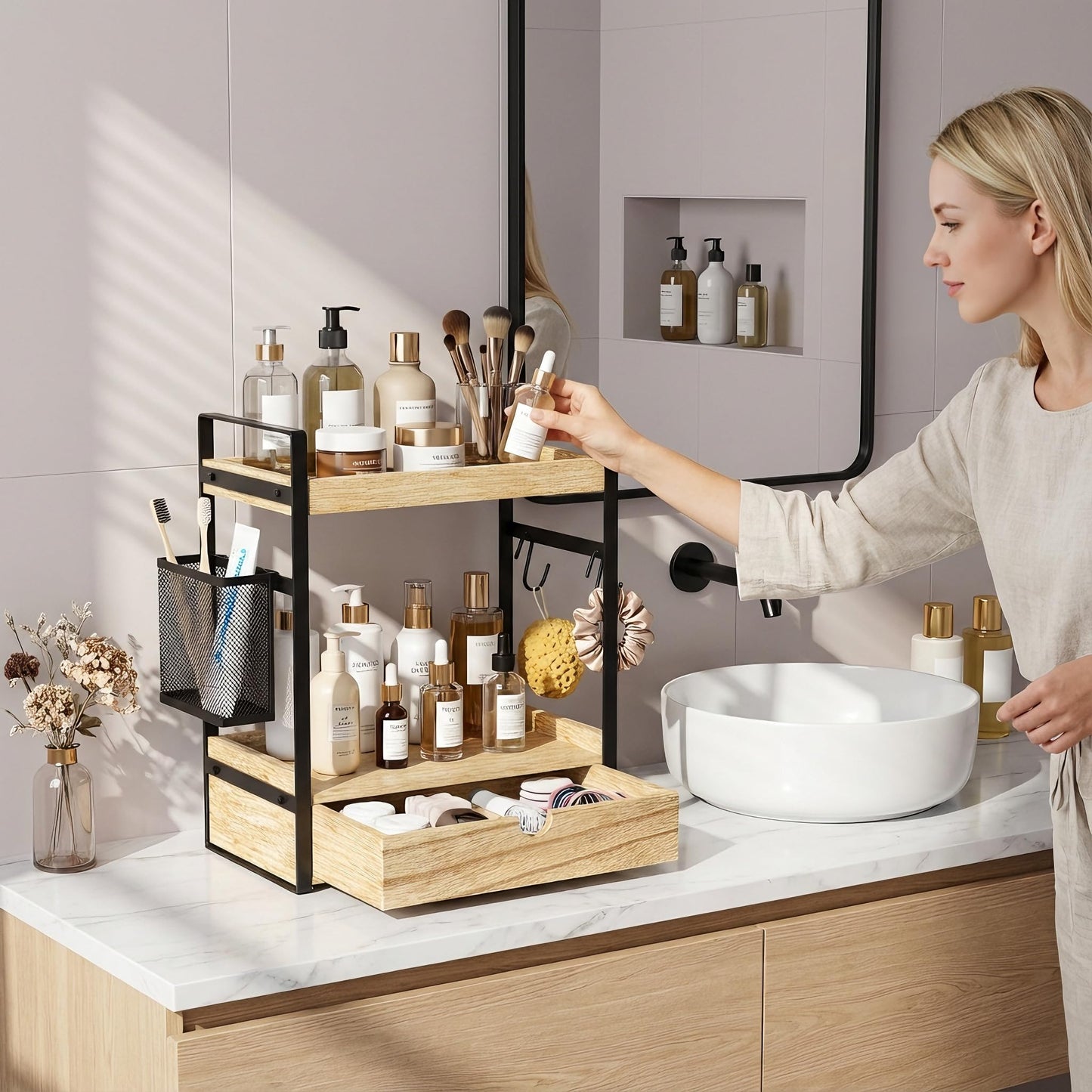 2-Tier Bathroom Counter Organizer with Drawer Basket and Hooks, Wood Bathroom Organizers and Storage for countertop, Farmhouse Brown Countertop Organizer, Counter Shelf for Vanity, Kitchen, Office