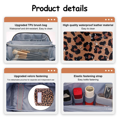 BOYATU Travel Makeup Bags Organizer for Women: 3 Pcs Set Leopard Cosmetic Bag - Large Make up Bag with Compartments - Flat Open Waterproof Leather Toiletry Bags for Skincare, Brushes & Travel - Brown