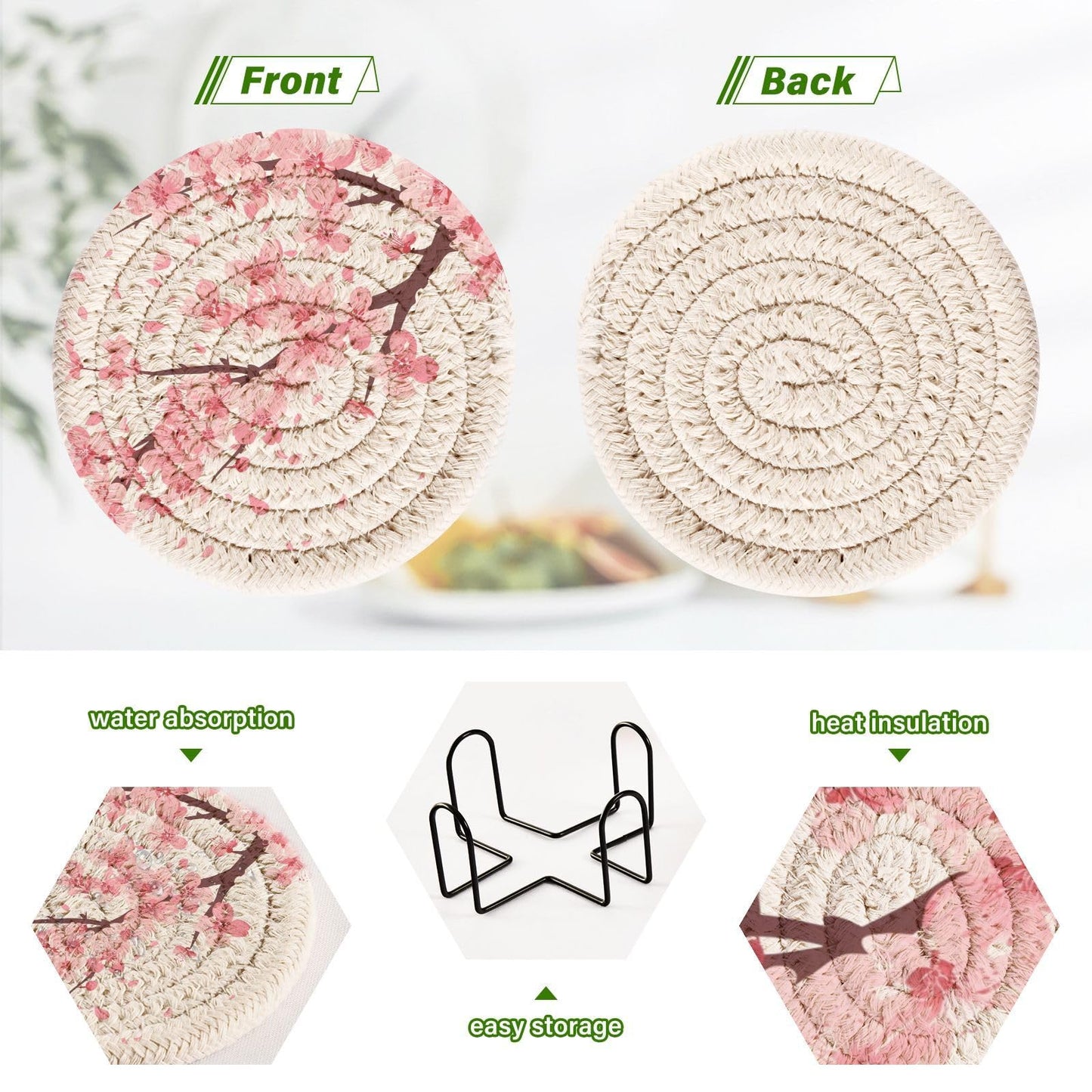 FENOCHE Pink Cherry Blossom Coasters Set of 6 Absorbent Drink Coaster with Holder for Cup Coffee Table Home Decor 3.94 Inch