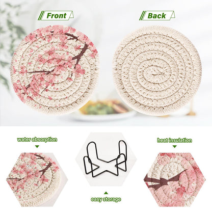 FENOCHE Pink Cherry Blossom Coasters Set of 6 Absorbent Drink Coaster with Holder for Cup Coffee Table Home Decor 3.94 Inch