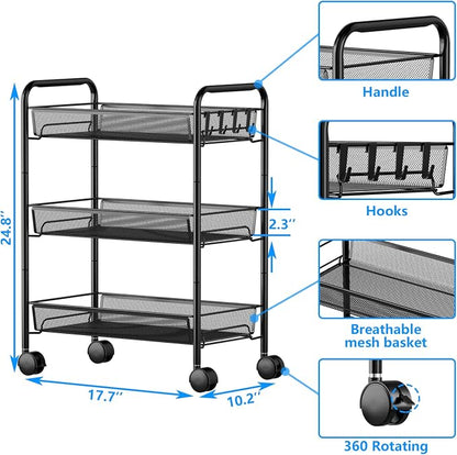 3-Tier Mesh Rolling Cart - 24.8" H Fits Under Desk Metal Cart with Wheel | Hold 35bls/Tier Small Space Storage Organizer Crafts Utility Cart for Office Pantry Bathroom Kitchen Laundry, Black